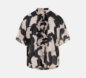 0039 Italy - Daisy Pattern Blouse with Ruffle Front in Black and Cream