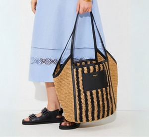 SUNCOO - Raffia Striped Tote Bag in Black and Beige