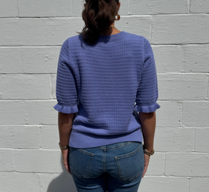 REPEAT - Short Sleeve Sweater with Ruffle Detail in Iris