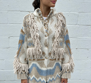 Tricot Chic - Geometric Print Fringe Sweater Coat