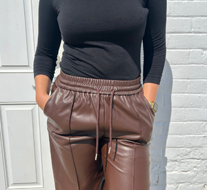 Suncoo - Johan Faux Leather Drawstring Pant in Chocolate