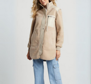 Adroit Atelier - Audrey Faux Shearling Coat with Vegan Leather Trim in Oak and Tan