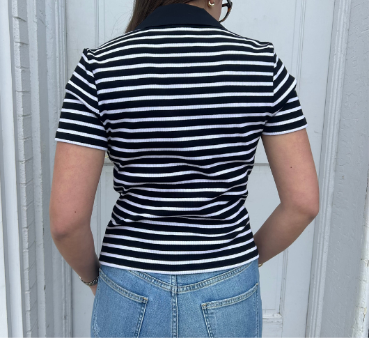 Veronica Beard - Kearney V-Neck Striped Polo Top in Black and White