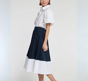 Hinson Wu - Gloria A-line Color-Block Skirt in Navy/White
