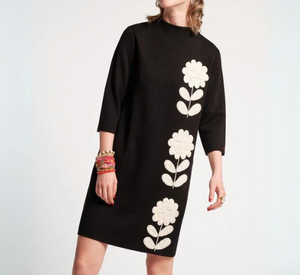 Frances Valentine - Annie Hi-Neck Posy Embroidered Wool Dress in Black and Oyster