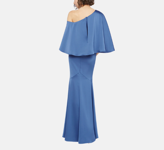 Theia - Kia Cape Bodice Satin Fit and Flare Gown in Celeste