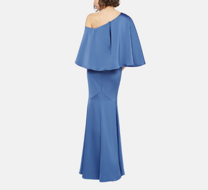 Theia - Kia Cape Bodice Satin Fit and Flare Gown in Celeste