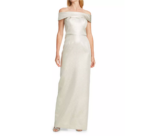 Teri Jon - Off-The-Shoulder Metallic Jacquard Gown in Light Gold