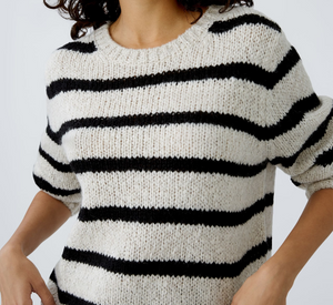 Oui - Stripe Crew Sweater in Light Camel Grey