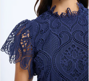 Shoshanna - Norma Short Sleeve Lace Overlay Dress in Navy