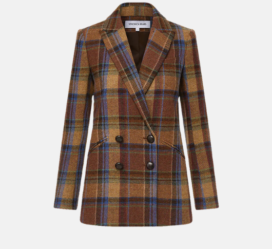 Veronica Beard - Oria Double Breasted Wide Plaid Dickey Jacket in Rust Blue