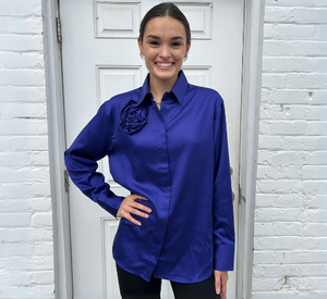 Hinson Wu - Halsey Long Sleeve Cotton-Satin Blouse with Attached Flower in Iris