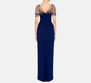 Theia - Louella Asymmetric Pearl Shawl Gown in Navy