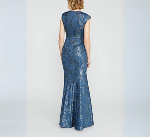 Theia - Beatrice Cap Sleeve Jacquard Floral Fit & Flare Gown in Mercury