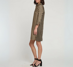 Hinson Wu - Aileen 3/4 Sleeve Button/Stripe/Gingham Dress in Latte/Black