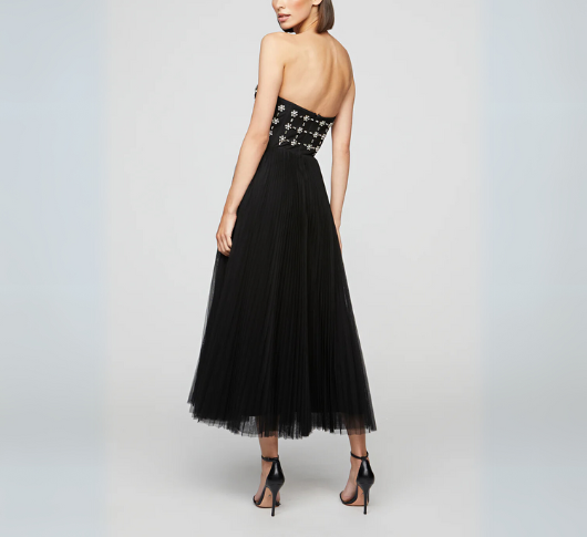 Theia - Alessia Pleated Mesh Strapless Gown with Rhinestones in Black