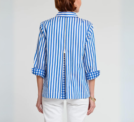 Hinson Wu - Xena Zip Back Stripe/Gingham Shirt in Electric Blue/White