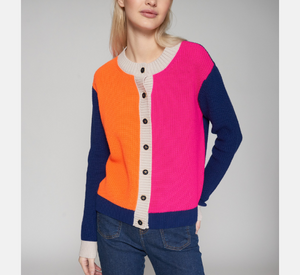 Vilagallo - Colorblock Button Crew Neck Cardigan in Pink, Orange, and Navy