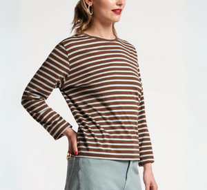 Frances Valentine - Long Sleeve Cotton Stripe Top in Chocolate and Light Blue