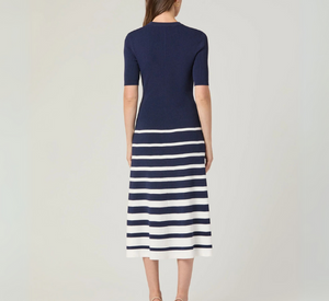 Shoshanna - Casey Short Sleeve Ribbed Striped Dress in Navy and Ivory