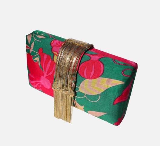 Simitri - Island Floral Fringe Clutch in Green and Fuchsia