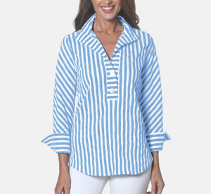 J'Envie - Panama 1/4 Button Down Striped Top in Turquoise