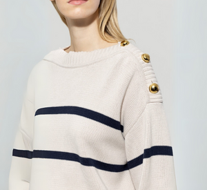 LUISA CERANO - Crop Striped Sweater with Gold Button Detailing in Navy and Cream