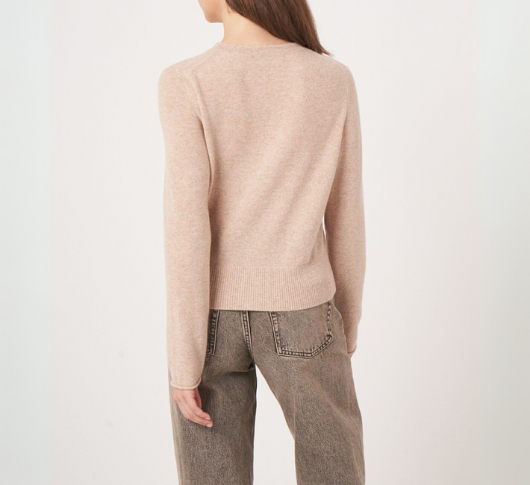 REPEAT Cashmere - Buttoned Cashmere Cardigan with Round Neckline in Sand