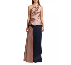 Teri Jon - One Shoulder Two Tone Gazar Peplum Gown in Mauve/Navy