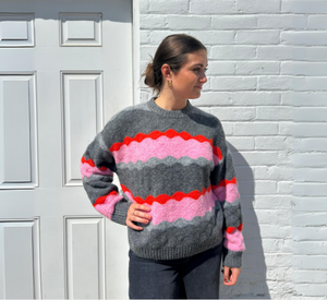 Suncoo - Panayo Wool Blend Wavy Stripe Sweater in Carbon and Pink