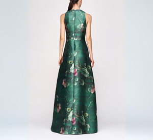 Kay Unger - Rosalind Sleeveless V Neck Floral Print Gown in Lite Emerald