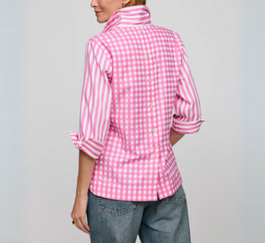 HINSON WU - Aileen 3/4 Striped/Gingham Combo Top in Guava/White