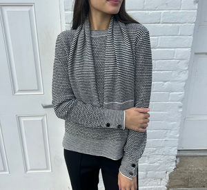 Atelier - Long Sleeve Tweed Stripe Crew with Scarf in Black and White