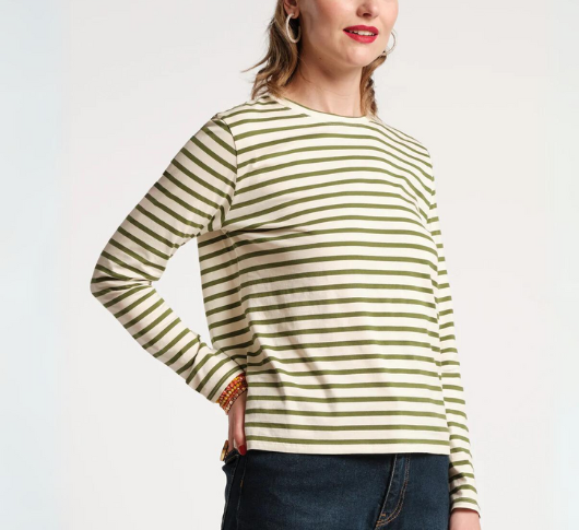 Frances Valentine - Long Sleeve Cotton Stripe Top in Oyster and Green