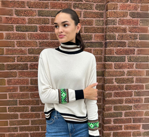 Tricot Chic - Neon Striped Sleeve Turtleneck in Cream and Black