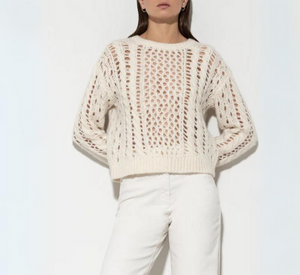 Luisa Cerano - Open Knit Alpaca Crew Sweater in Eggshell