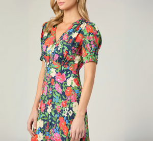 Shoshanna - Bryson Multicolor Floral Print Short Sleeve Silky Dress