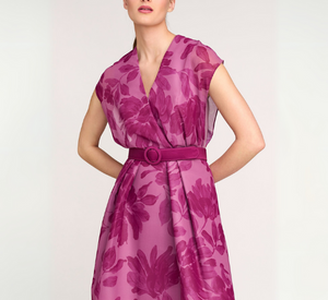 KAY UNGER - Brigid Tea Length Dress with Floral Design in Dark Purple