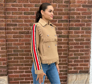 Tricot Chic - Wool Fringe Jacket in Beige and Red