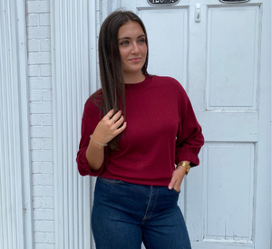 REPEAT Cashmere - Puffed Sleeve Crew Sweater in Cranberry