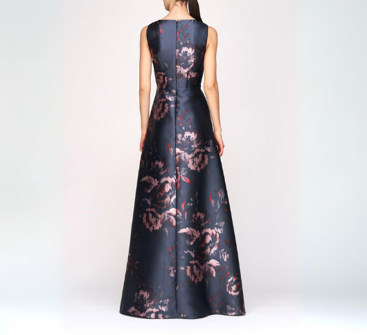 Kay Unger - Sleeveless Floral Print Long Gown in French Navy