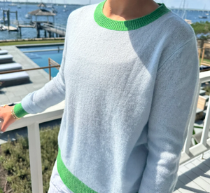 Cortland Park - Posy Crew Sweater with Contrast Trim in Sky and Lettuce