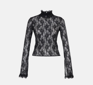 THEO - Artemis Long Sleeve Lace Mock Neck Top in Black