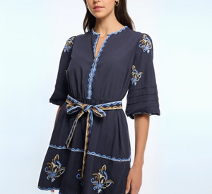 Shoshanna - Barkley 3/4 Puff Sleeve Embroidered Dress in Navy Multi