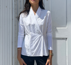 Peter O. Mahler - Mixed Fabric Long Sleeve Wrap Top in White