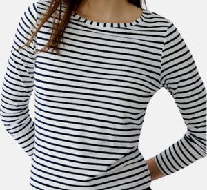 Oui - Stripe Long Sleeve T-Shirt in Dark Blue and White