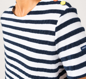 Saint James - Short Sleeve Tee with Bouclé Stripes and Shoulder Buttons in White and Marine