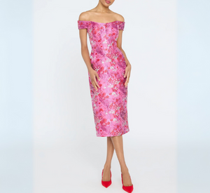 THEIA - Off Shoulder Midi Dress in Sweetheart Pink