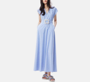 Theo - Echo Beaded Belt V-neck Shirtdress in Blue Stripe