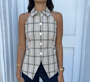 Veronica Beard - Orlinda Halter Neck Plaid Vest in Dark Stone Multi